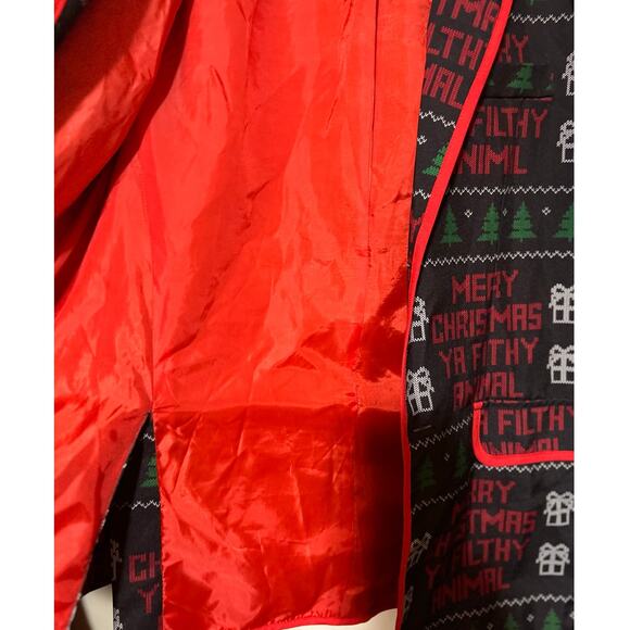 Holiday Time Mens Black Red Green Merry Christmas Ya Filthy Animal Blazar w/ Tie - Picture 12 of 13